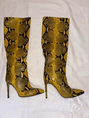 Paris Texas Yellow & Black Snakeskin Knee-High Stiletto Boots 39